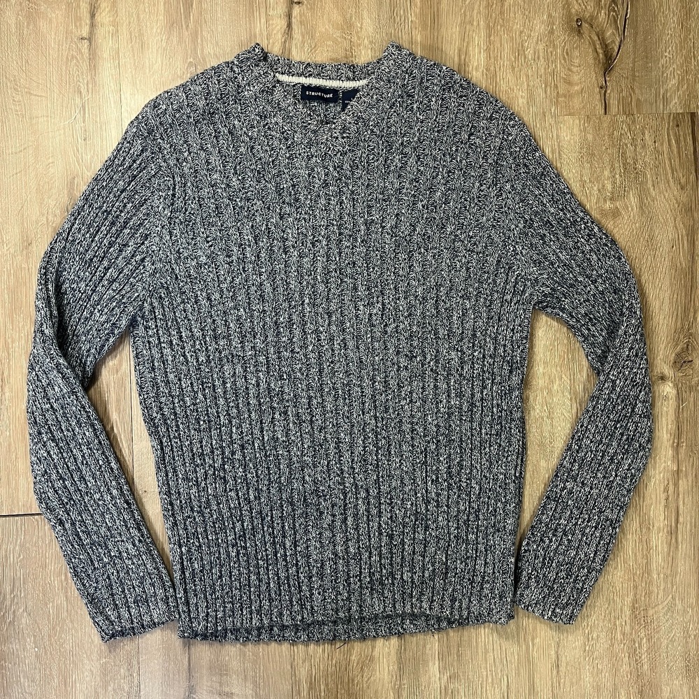 Structure‎ Women Sweater Large Blue Ribbed 100% Cotton Pullover V-Neck